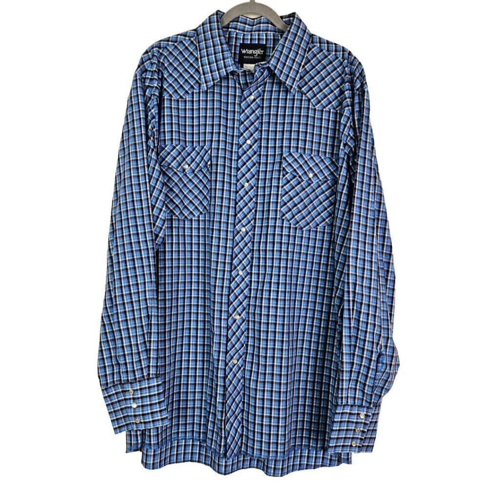 Wrangler Western Shirts Blue Plaid Pearl Snap Button Front Shirt 2XLT Tall